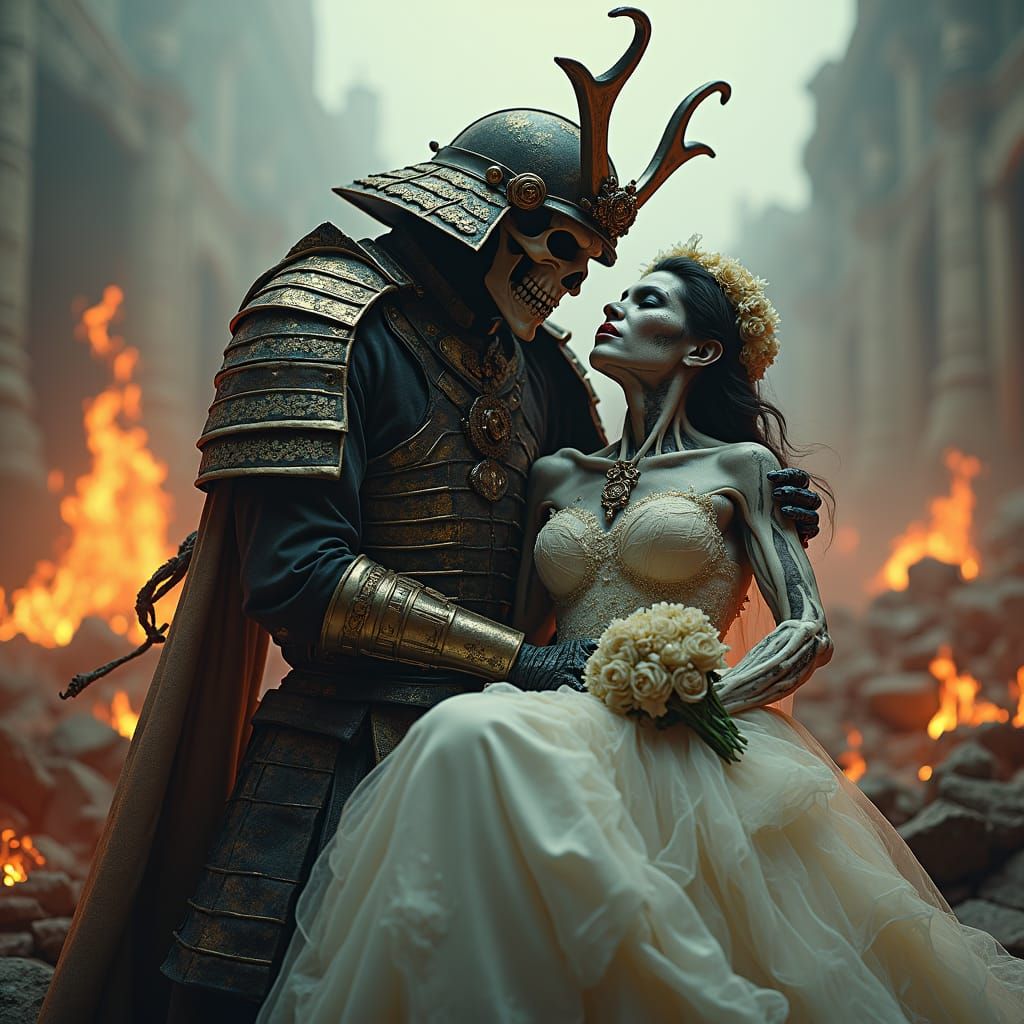 Skeleton Samurai with Zombie Bride on Battlefield