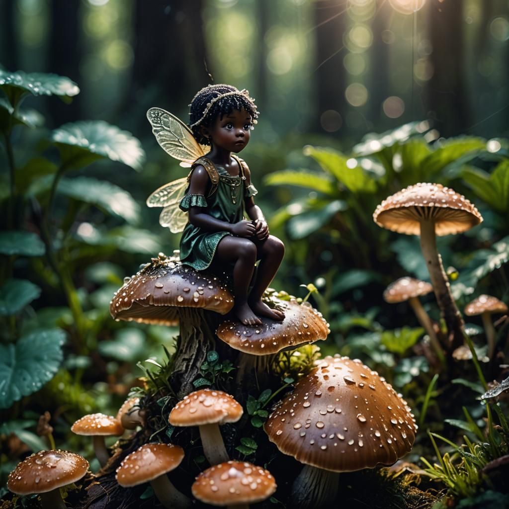Melanin Fairy on Mushroom in Cinematic Macro Photography