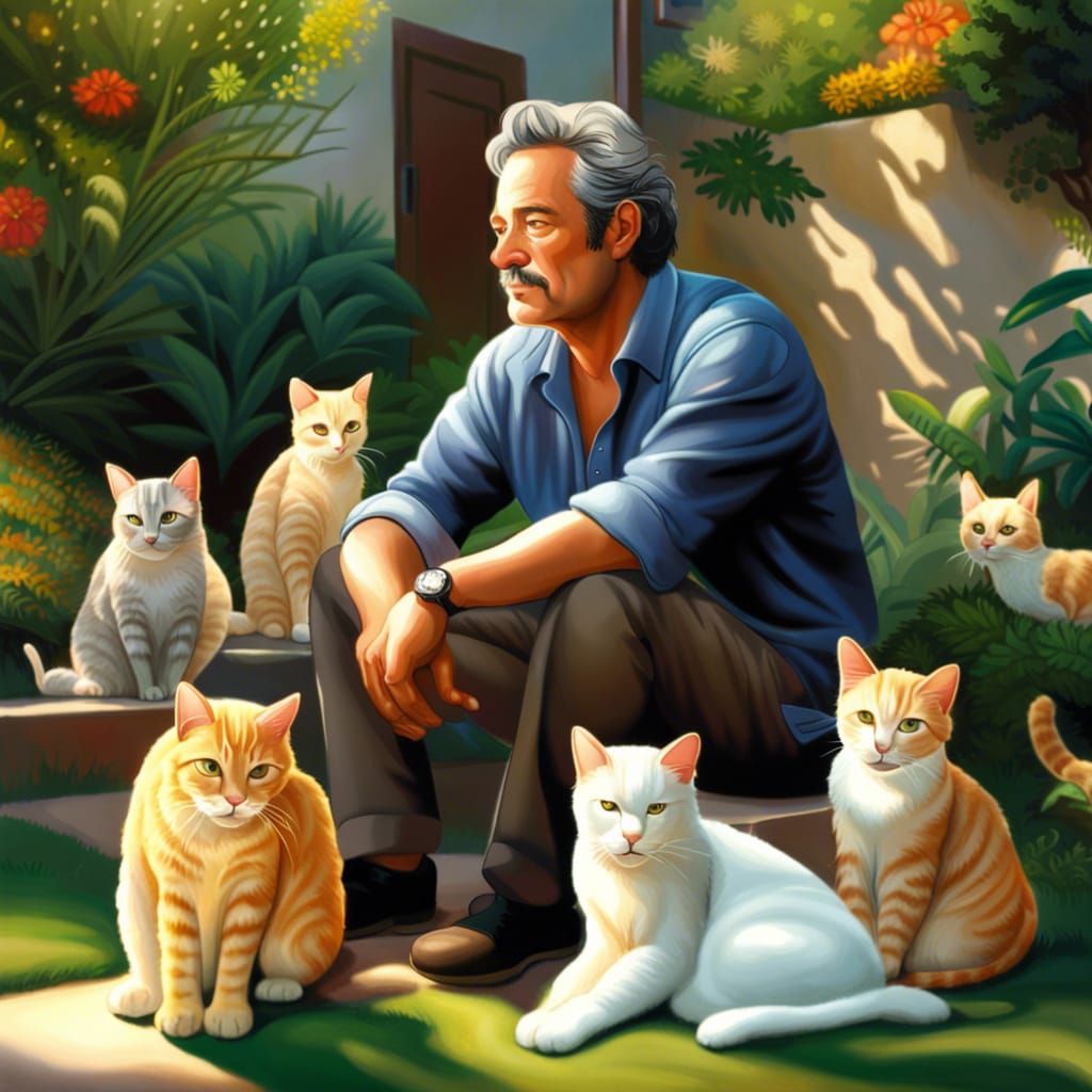 Man Enjoying Serenity with Cats: Hyperrealistic Splash Art