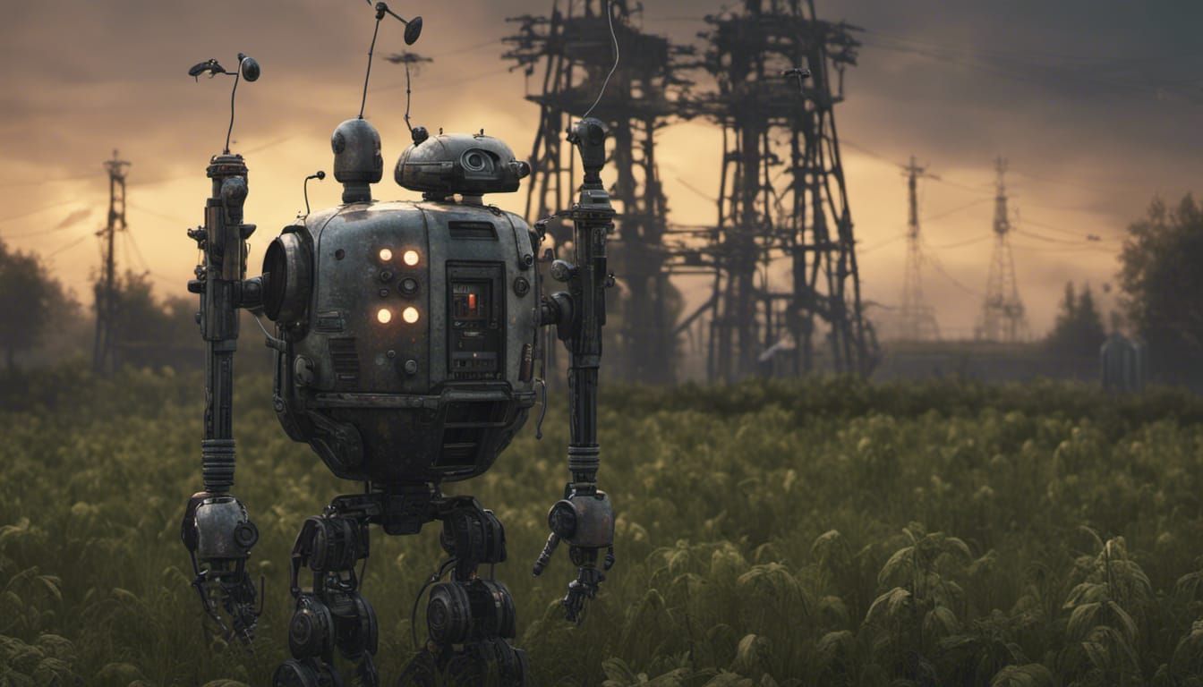 Post-Apocalyptic Robot Farmer in Apple Orchard