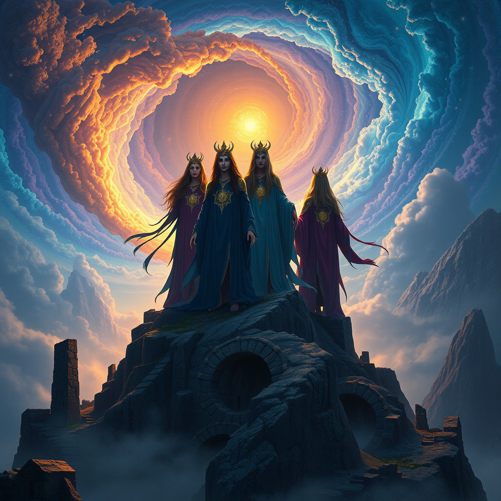 Mystical Figures on Ancient Mountain in Ethereal Light