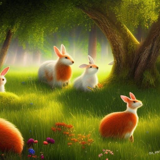 Rabbits' Picnic in Meadow: Whimsical Digital Illustration