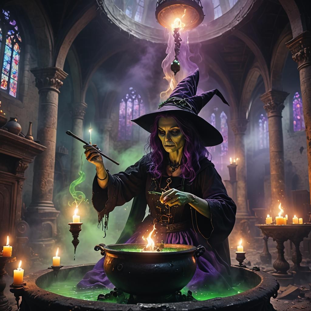 Mystical Witch Brews Potion in Abandoned Church
