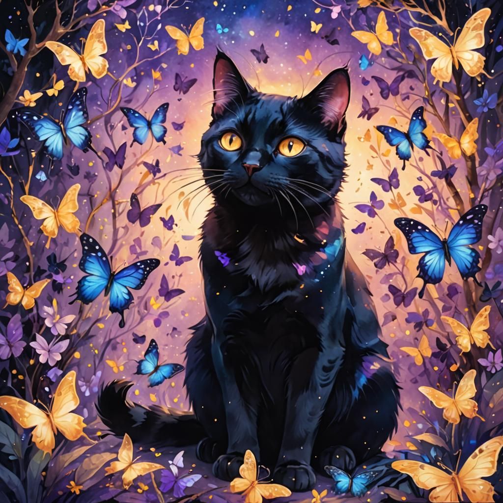 Butterflies surrounding a black cat