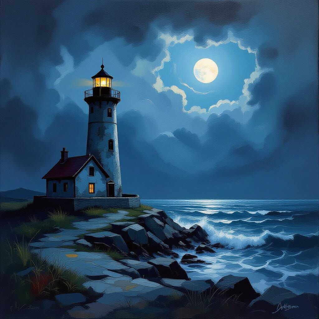Moody Lighthouse Oil Painting in Impasto Style