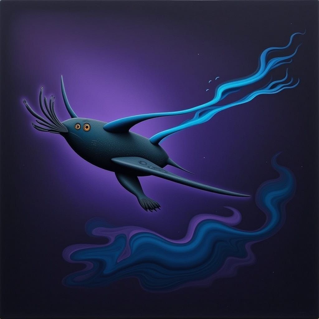 Ethereal Flight in a Dark, Purplish Atmosphere