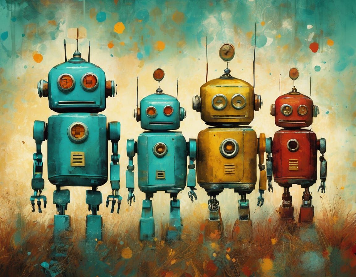 Laughing Robots in Impressionist Sci-Fi Style