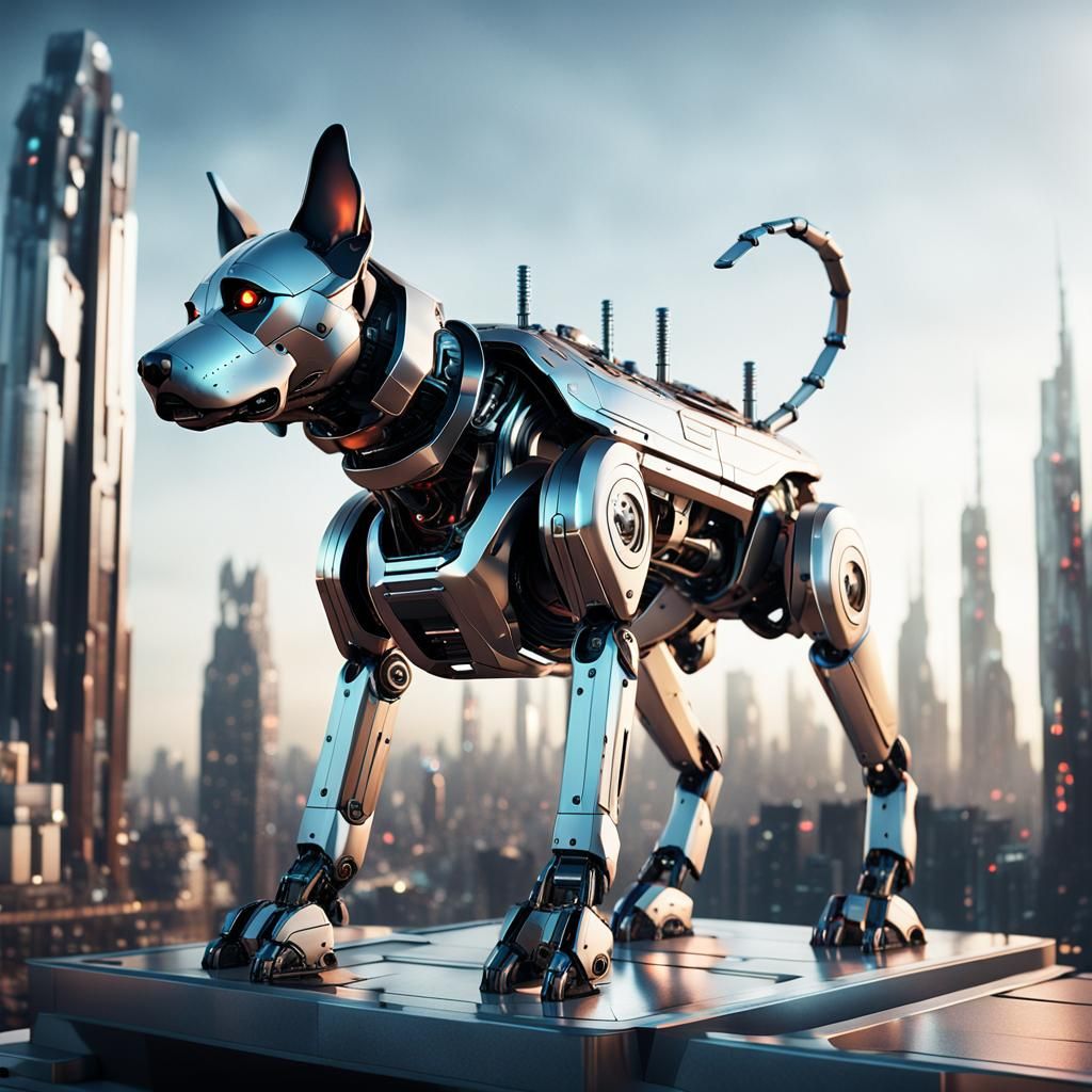 Sci-Fi Robot Dog in Futuristic Cityscape