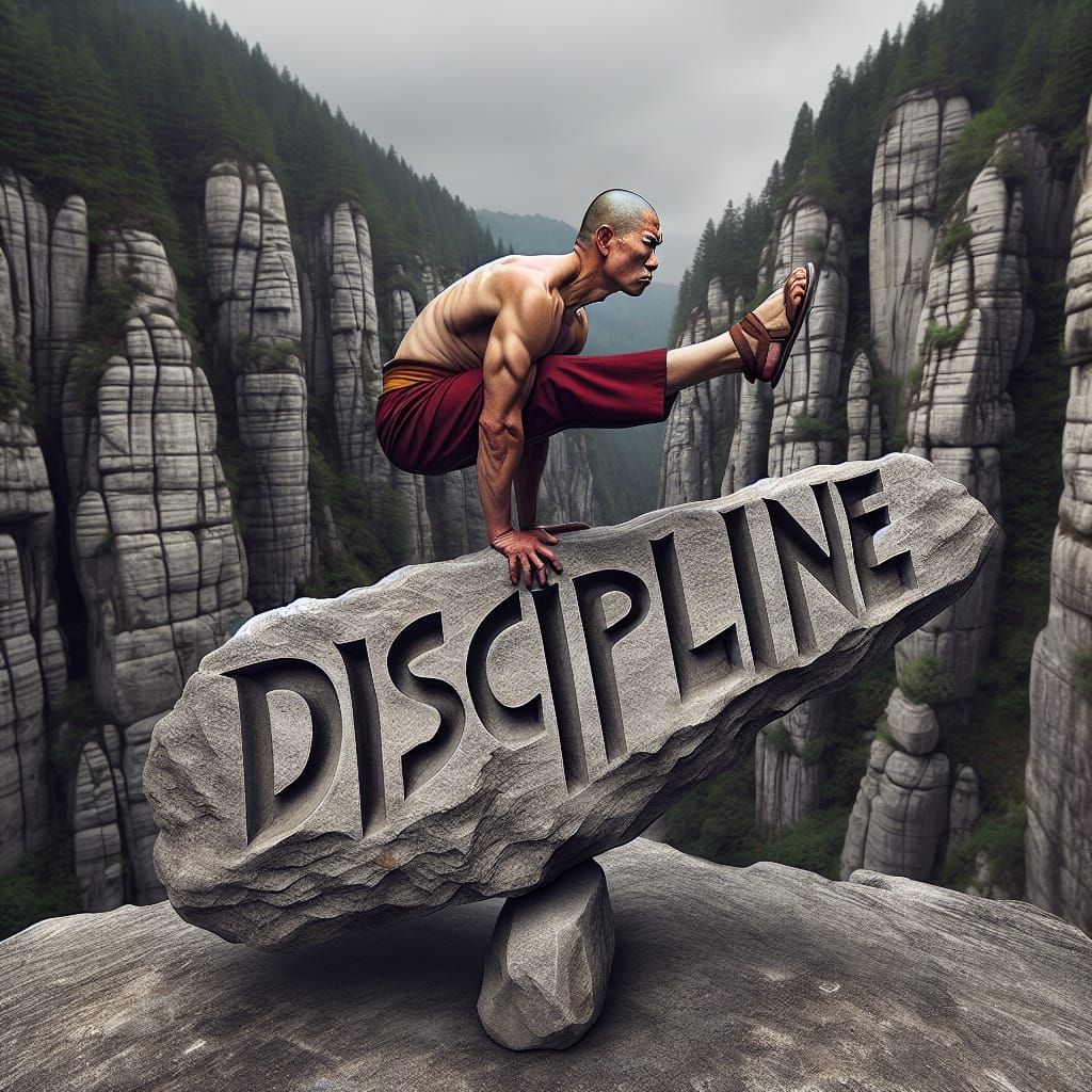 Monk Balances on Discipline Rock Formation