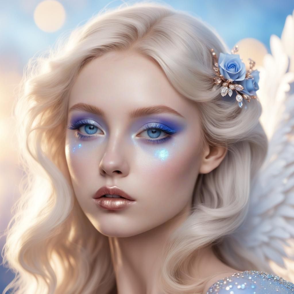 Ethereal beauty with platinum blonde hair and crystal blue eyes with periwinkle shimmery  eyeshadow with periwinkle eyel...