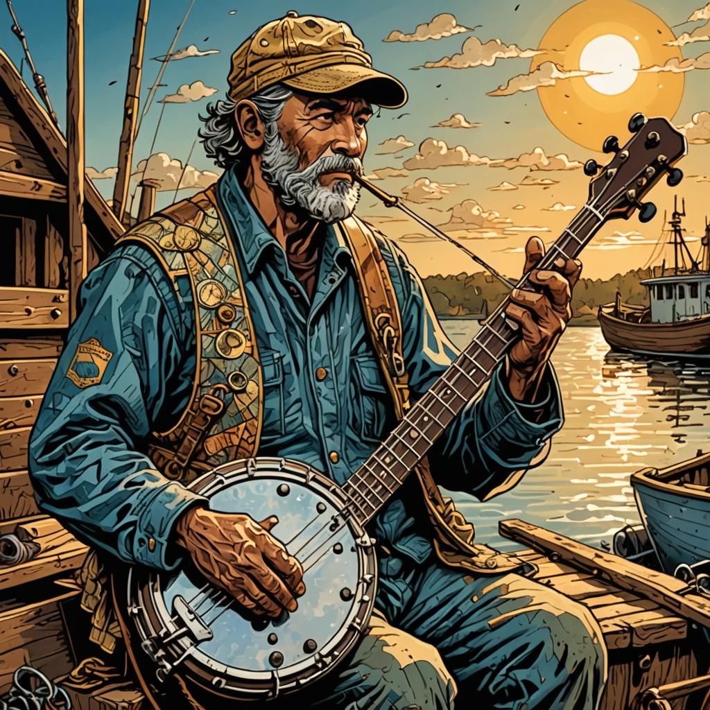 Fisherman Plays Banjo in Comic Book Style
