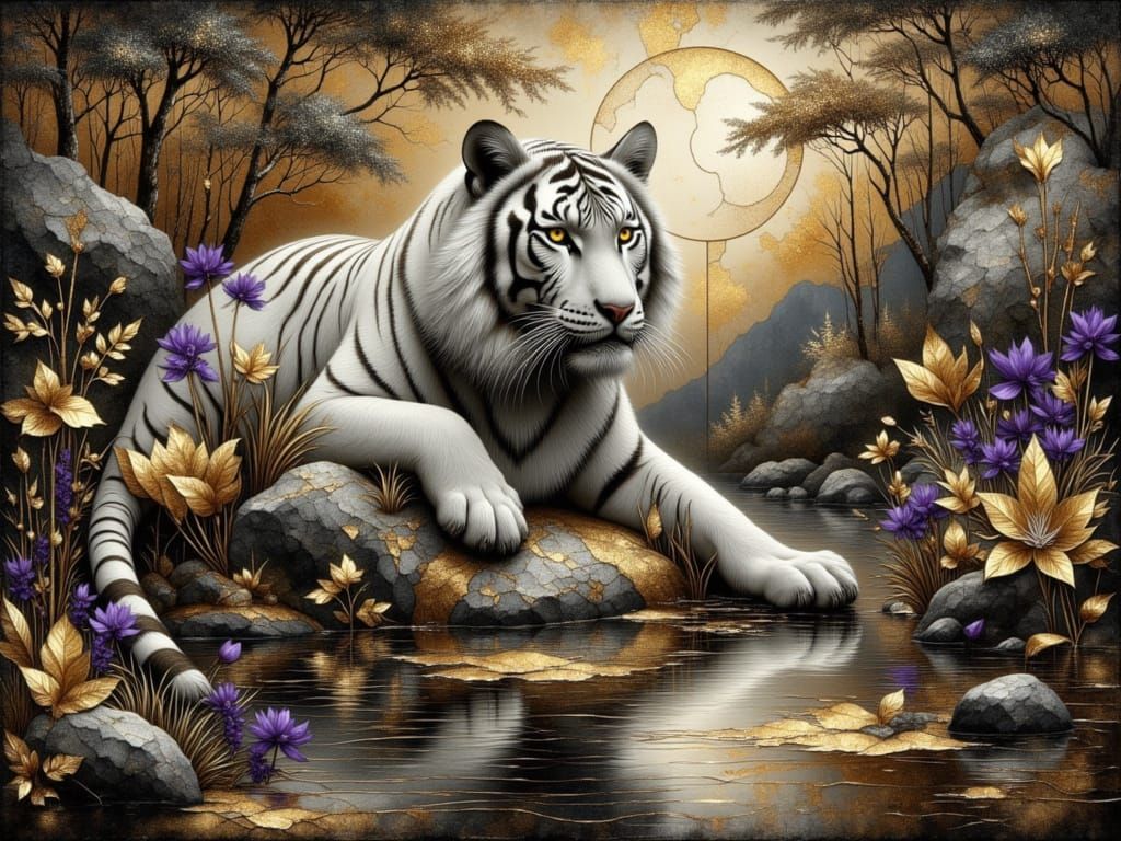 Kintsugi White Tiger in Mirrored Reflection