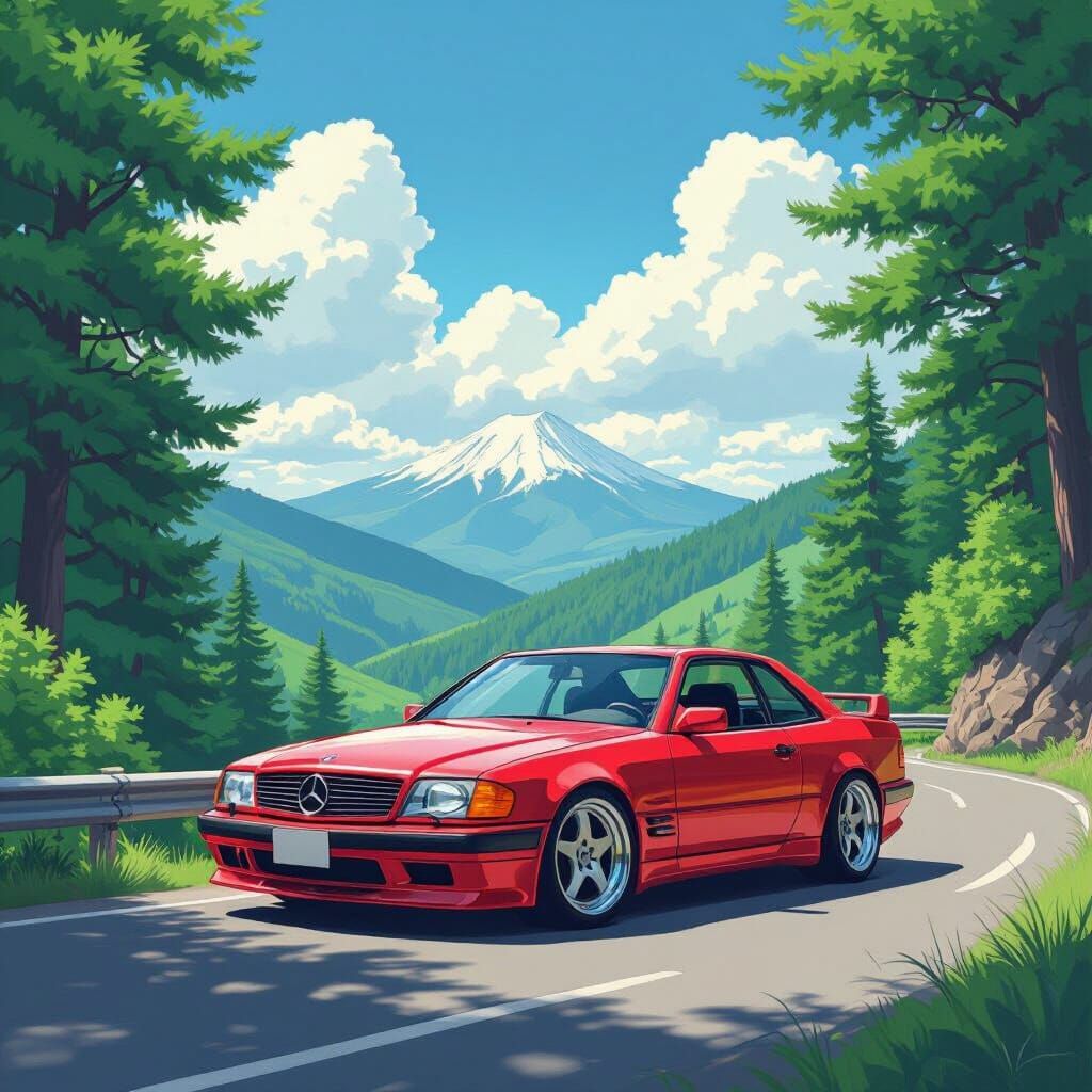 Red Mercedes on Mountain Road, Hyperrealistic Style