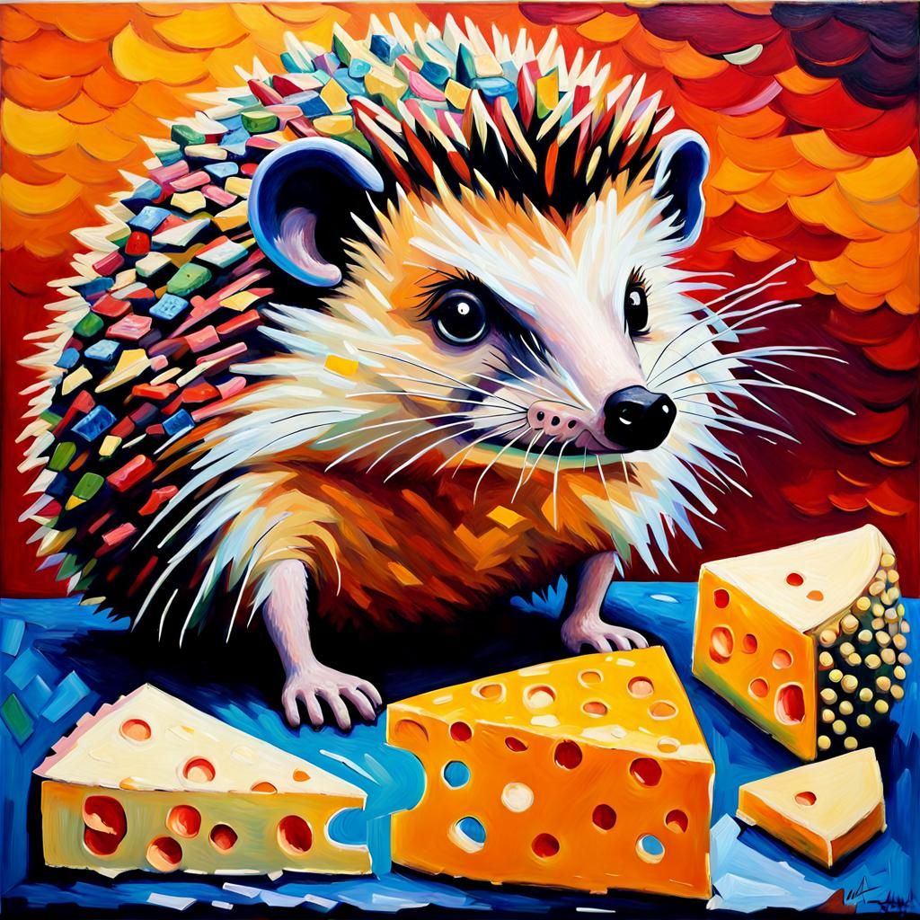 Hedgehog's Cheese Feast: An Expressionist Oil Painting