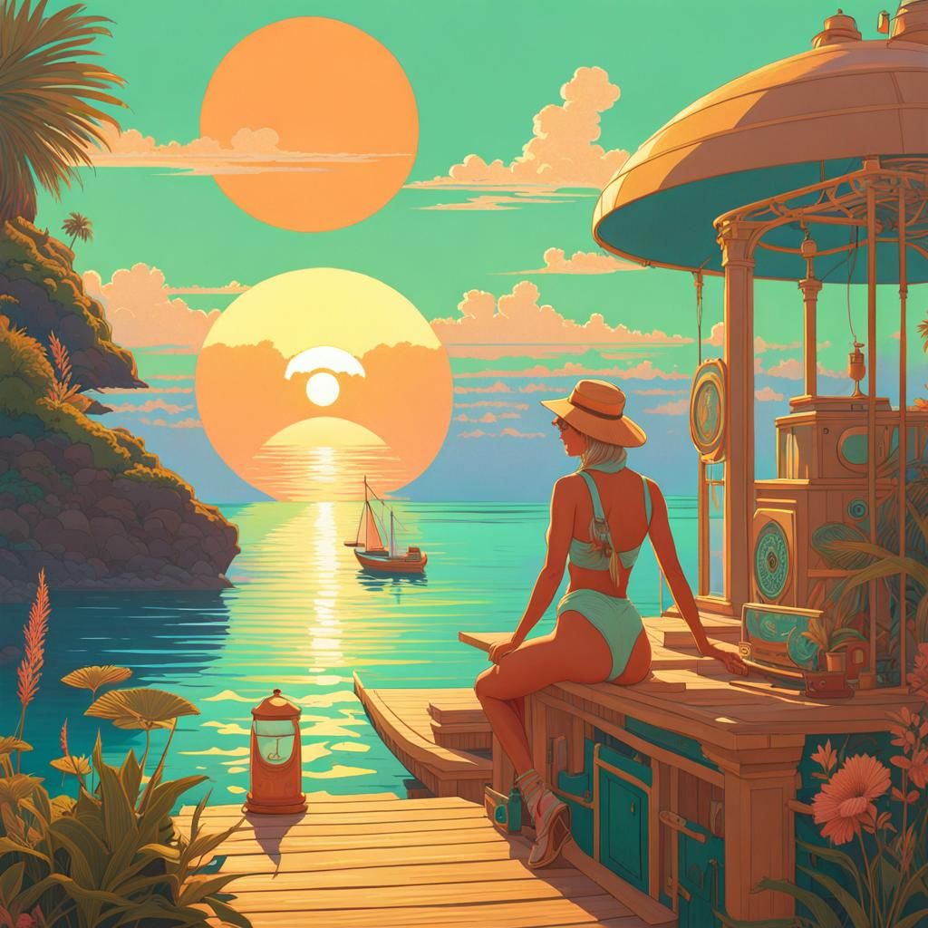 Solarpunk Janus on Sunny Jetty, Ukiyo-e Style