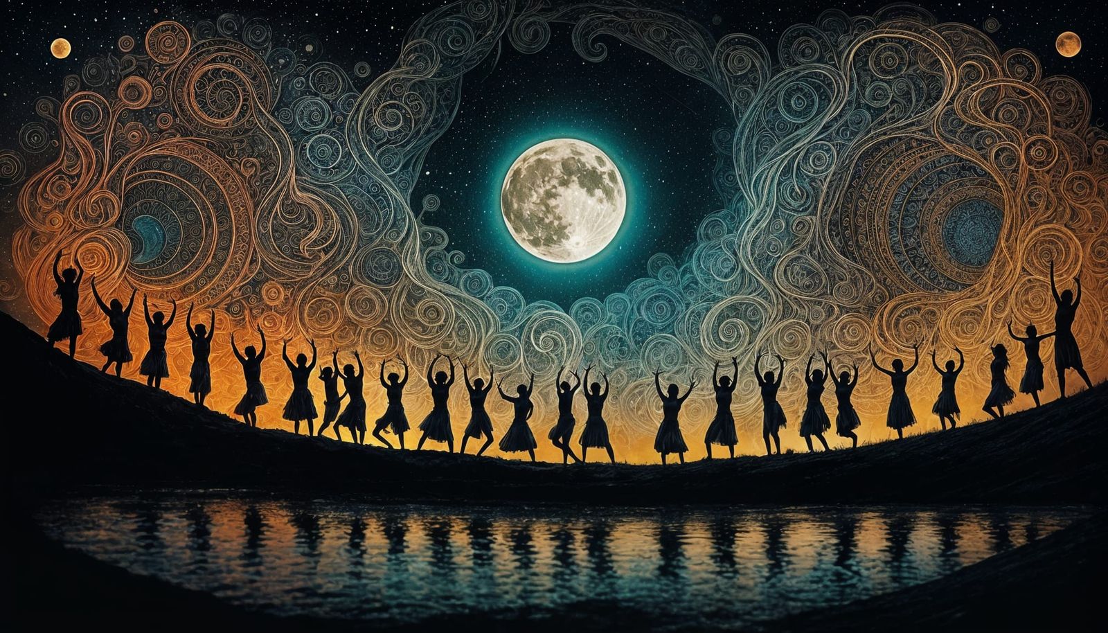 Surrealist Tribal Dancers in a Dark, Colored Ink Painting