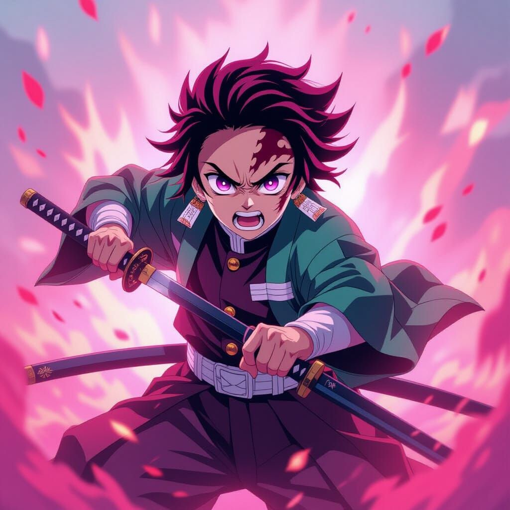 Tanjiro Kamado Anime Attack with Pink Flames