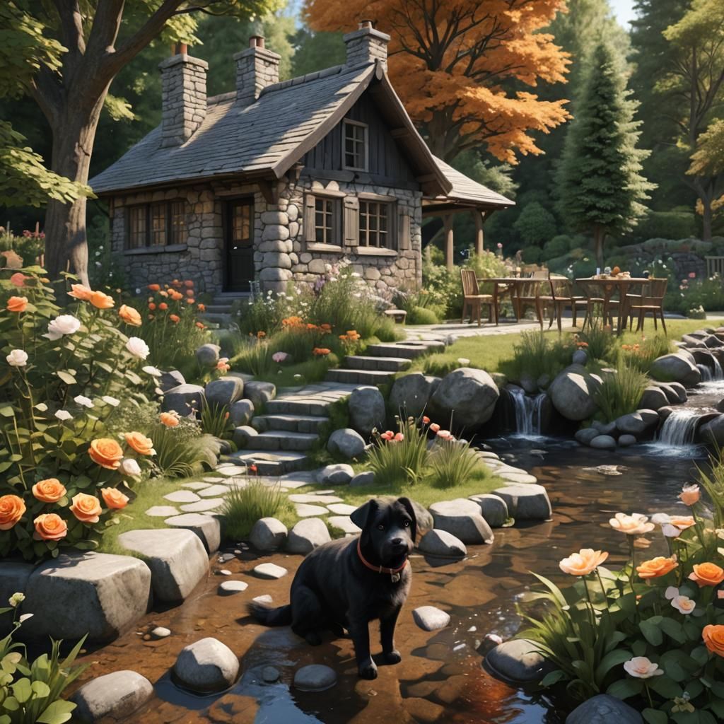 Cottage Scene with Rose Garden, Dogs and Cats