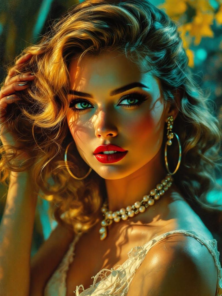 1950s Pin-Up Woman with Golden Curls and Green Eyes