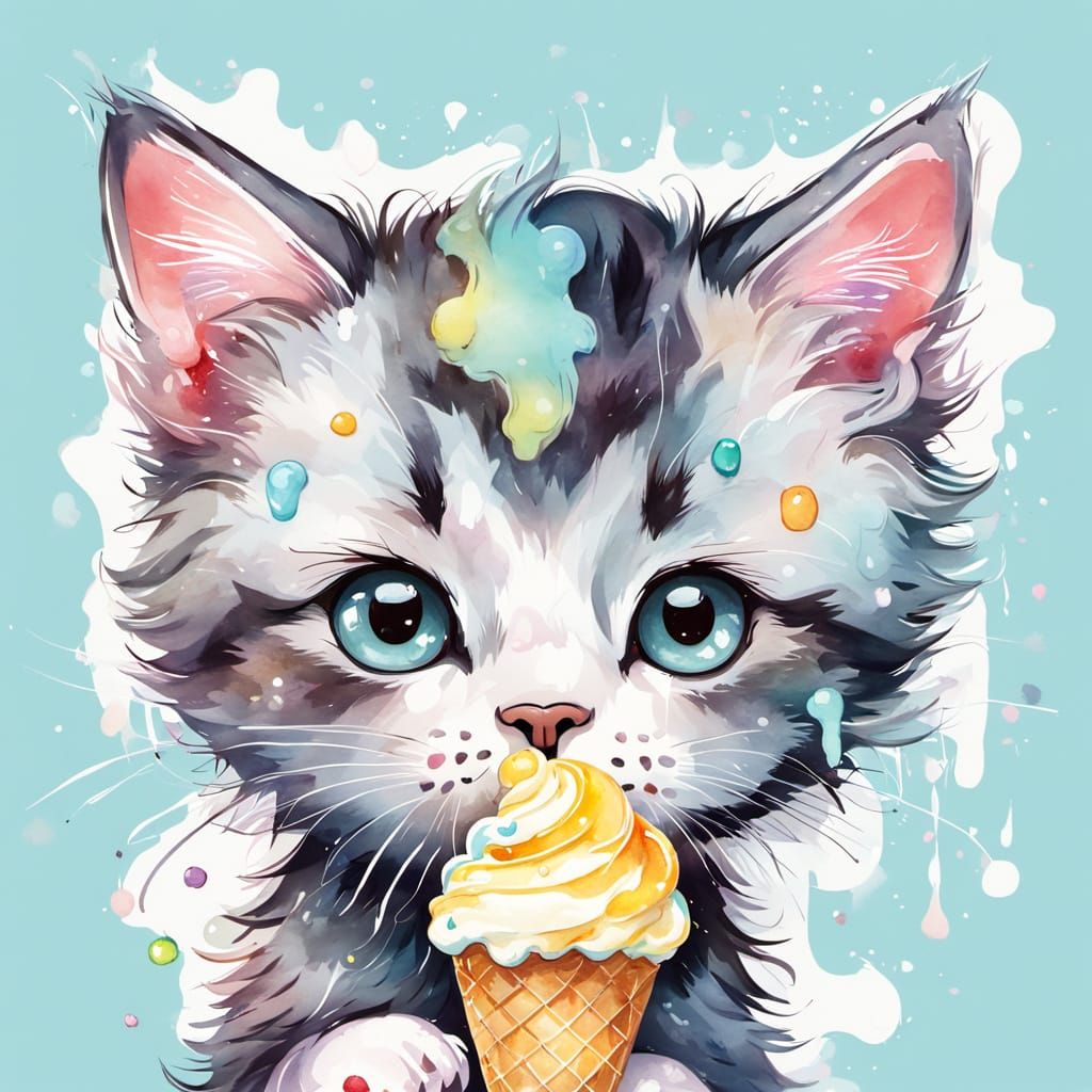 Playful Kitten Eating Ice Cream in Watercolor Style