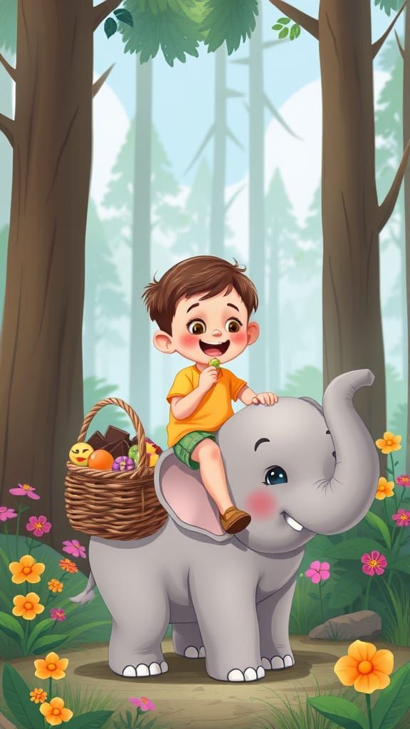 Boy and Elephant in Whimsical Cartoon Forest