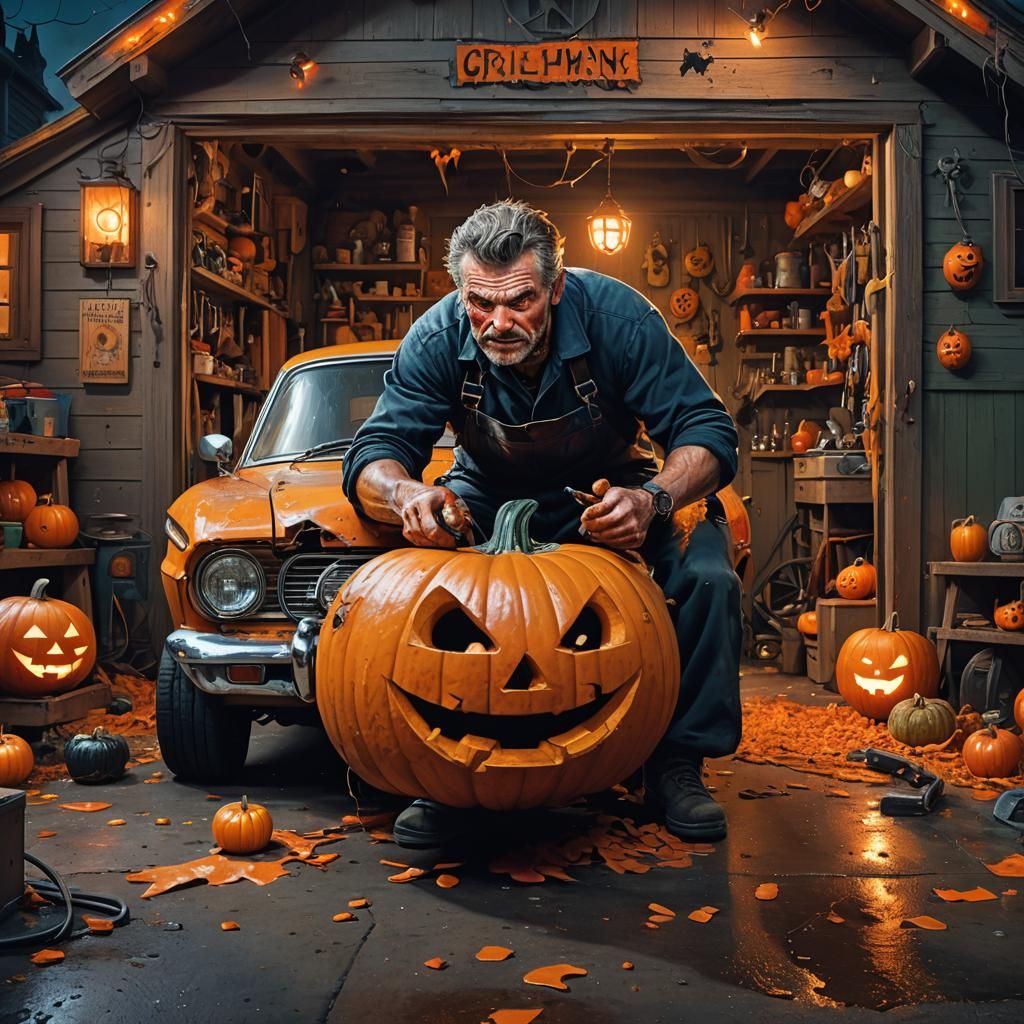 Halloween Mechanic Inspects Glowing Jack-o-Lantern: Hyperrea...