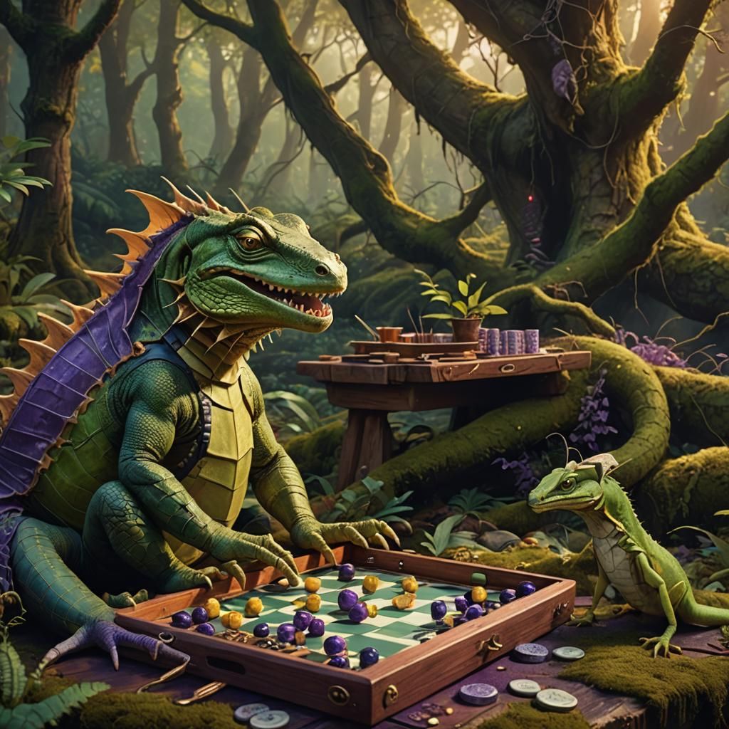 Lizard and Grasshopper Play Backgammon: Fantasy Art