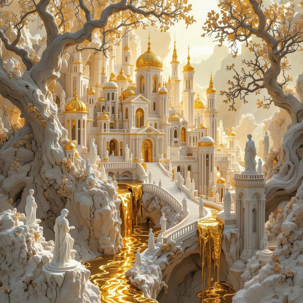 Ivory and Gold Miniature City in Tree Branches