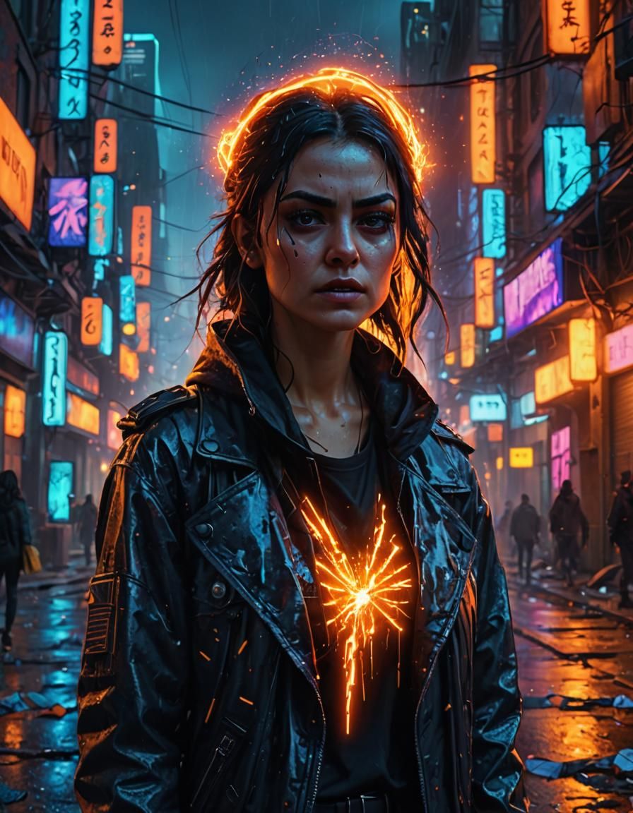 Mina Kunis as a  goth punk ruined karma,  black dress, ruins...