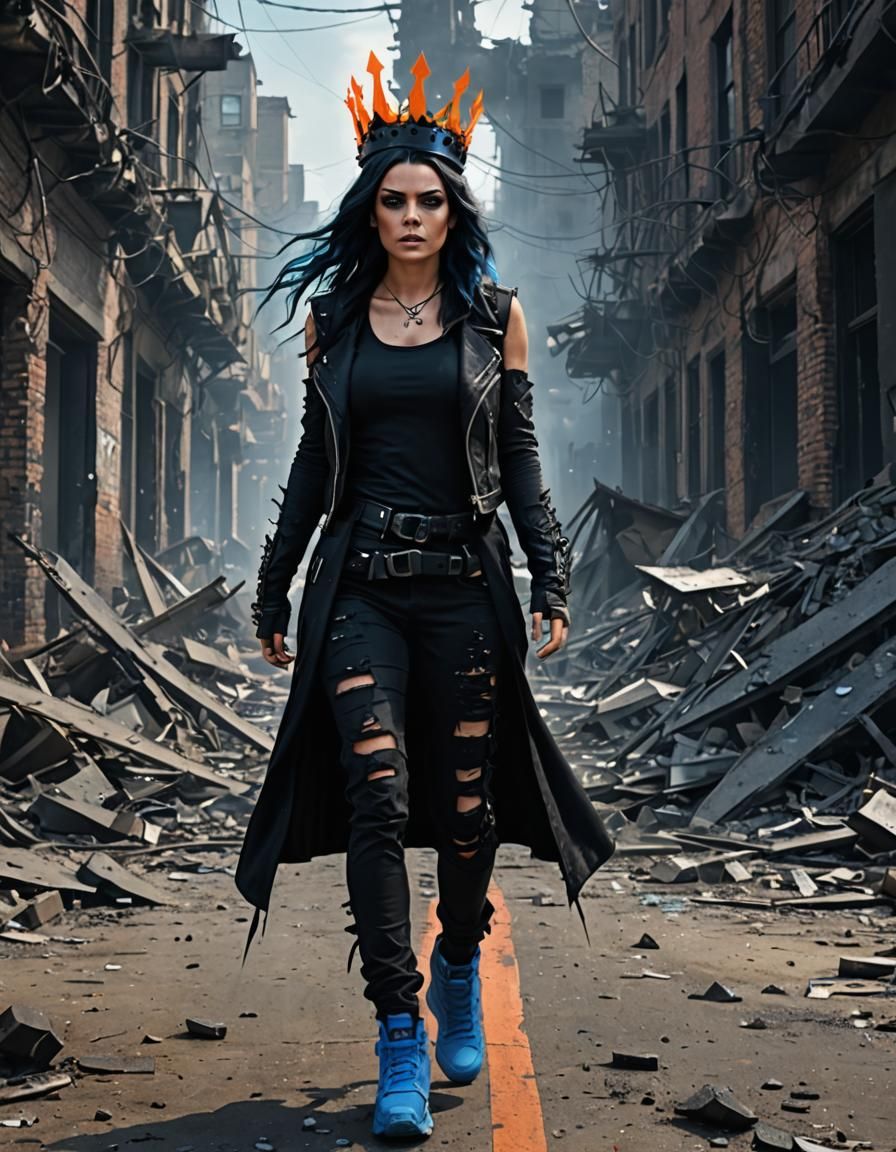 Mina Kunis as a  goth punk ruined karma,  black dress, ruins...