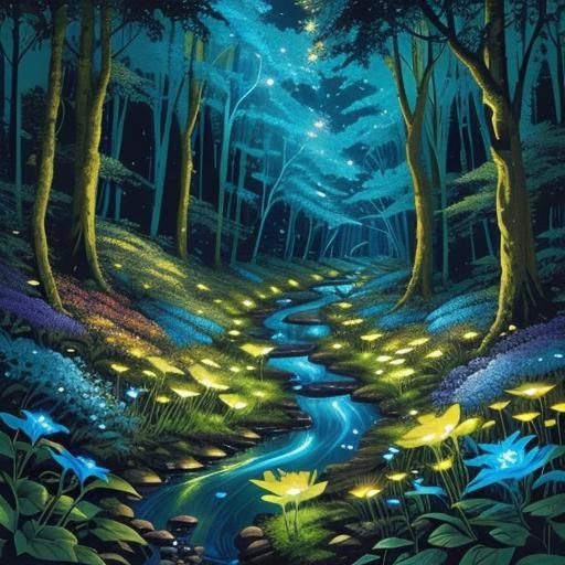 Enchanted Forest Stream with Bioluminescent Flora