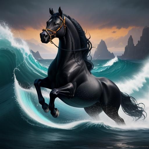 Smiling Black Horse Emerges from Waves
