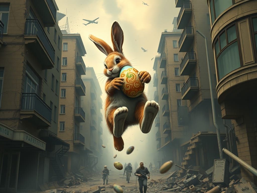 War-Torn Easter Bunny Leaps with Hope