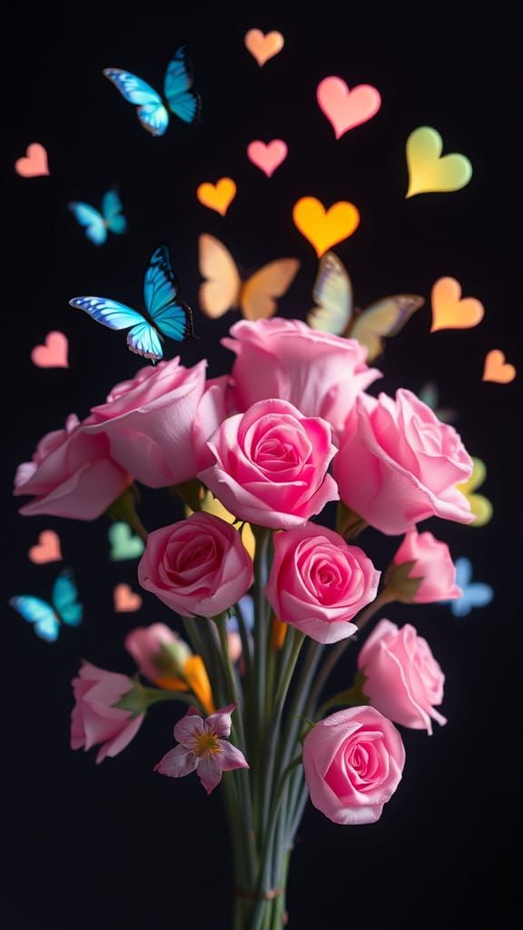 Whimsical Floating Hearts Amidst a Pink Rose Bouquet