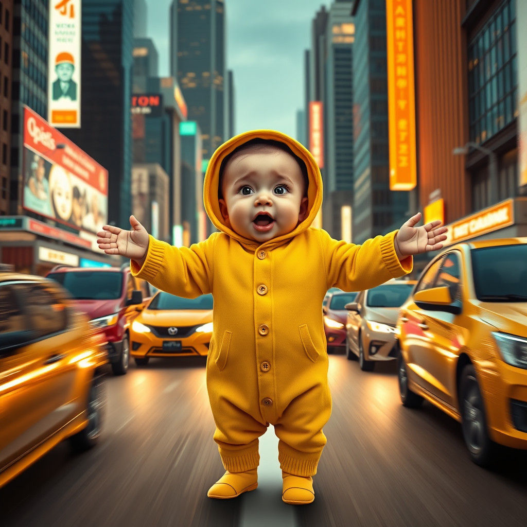 Baby Stops Traffic in Vibrant Cityscape