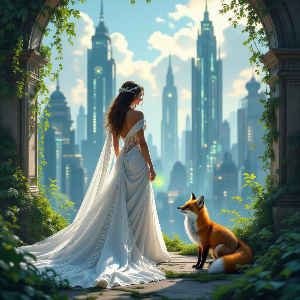 Modern Athena in Flowing Gown in Overgrown City