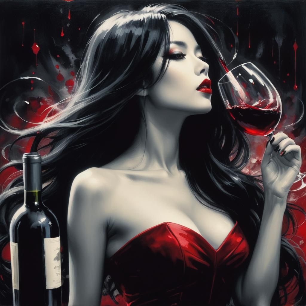 painting of pretty woman, black hair, drinking wine, ..