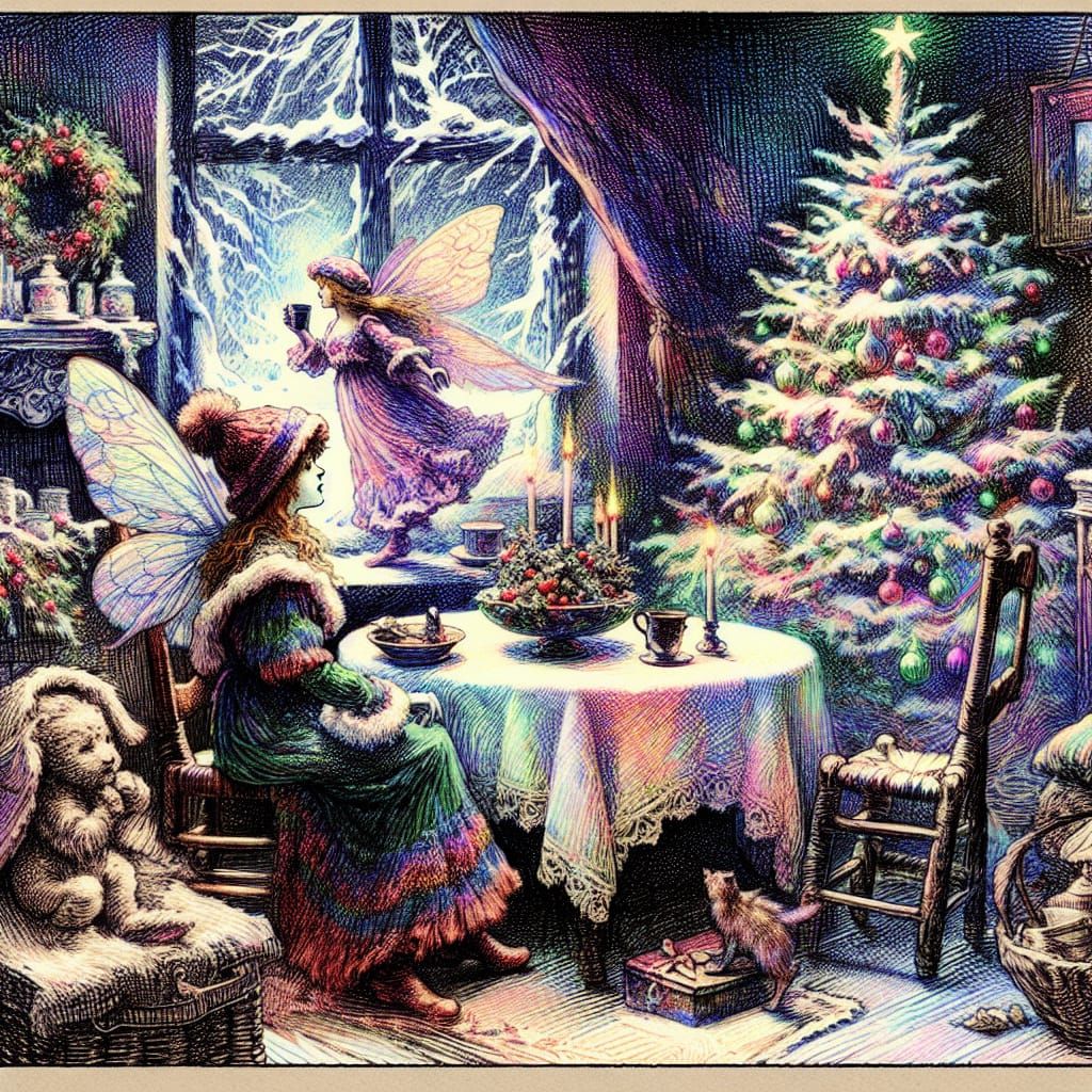 Winter Fairy's Cozy Christmas Gathering in Whimsical Oil Cra...