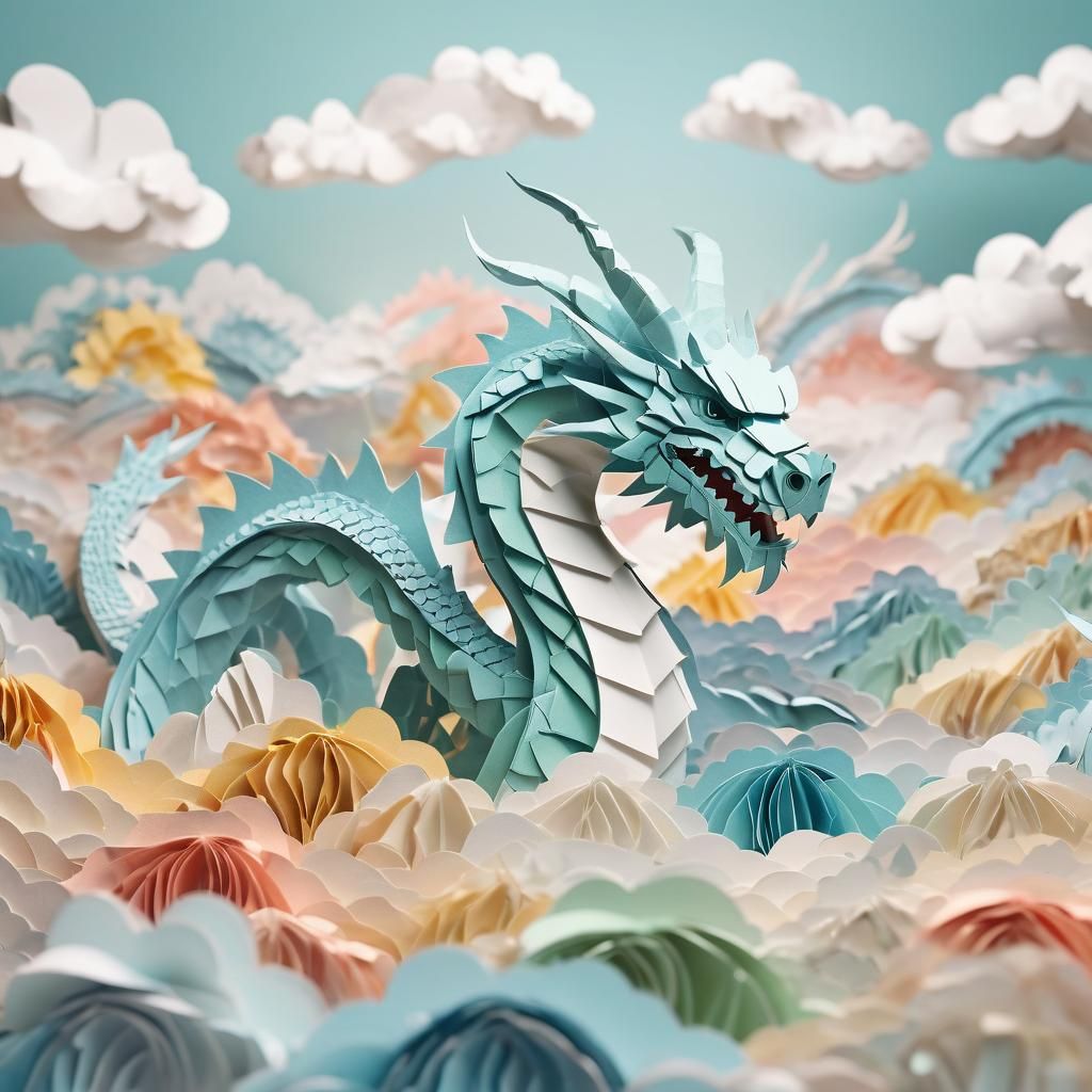Origami Dragon Papercraft in a Dreamy Cloudscape