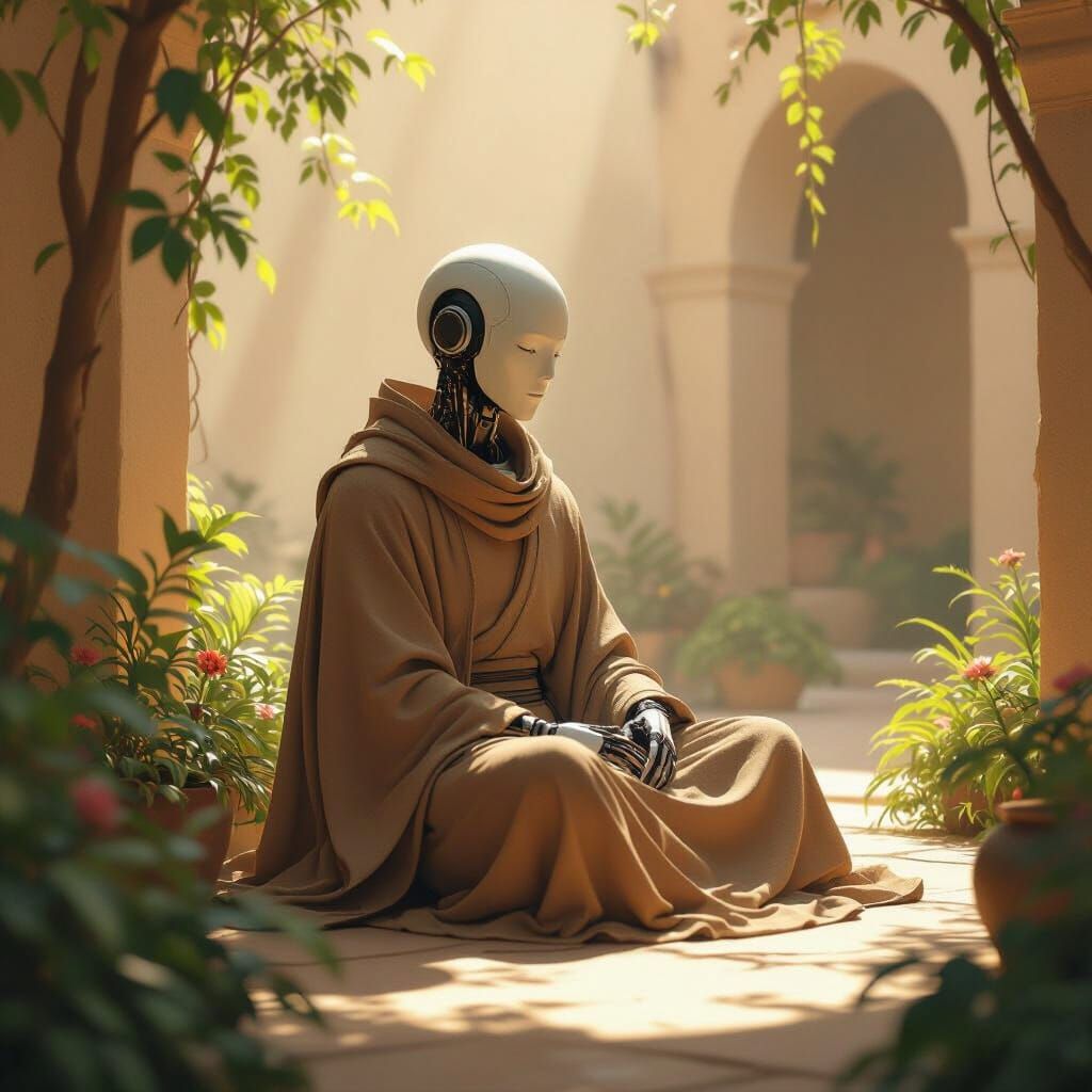 Serene Android in Sunlit Courtyard: Digital Art