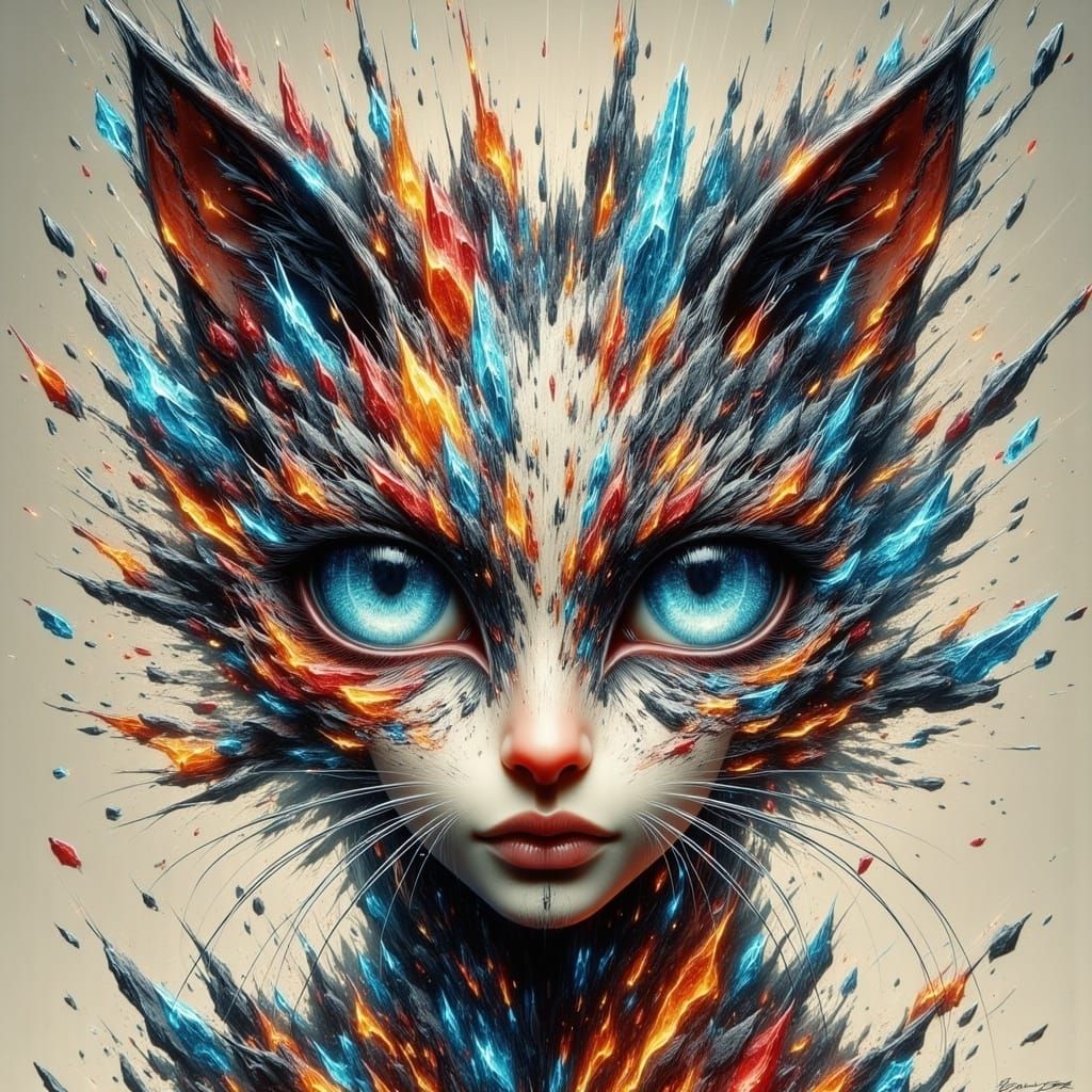 Abstract Cat Portrait in Mixed Media Style