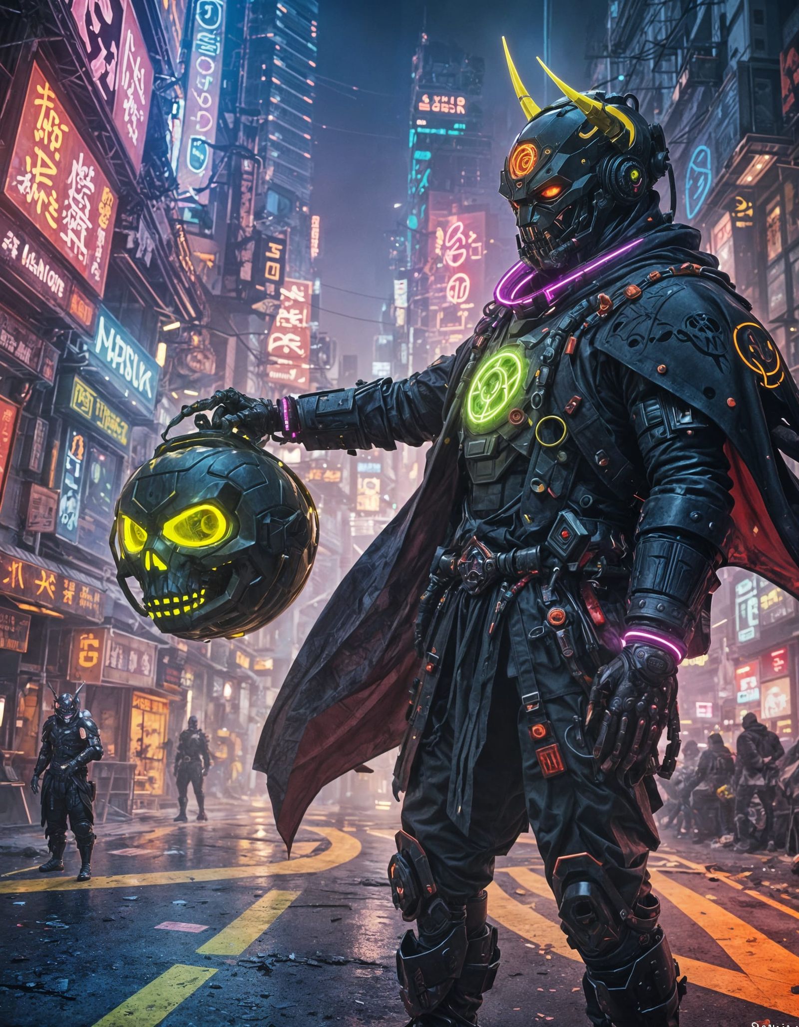 Cyberpunk Oni Ronin with Neon Skull Orb
