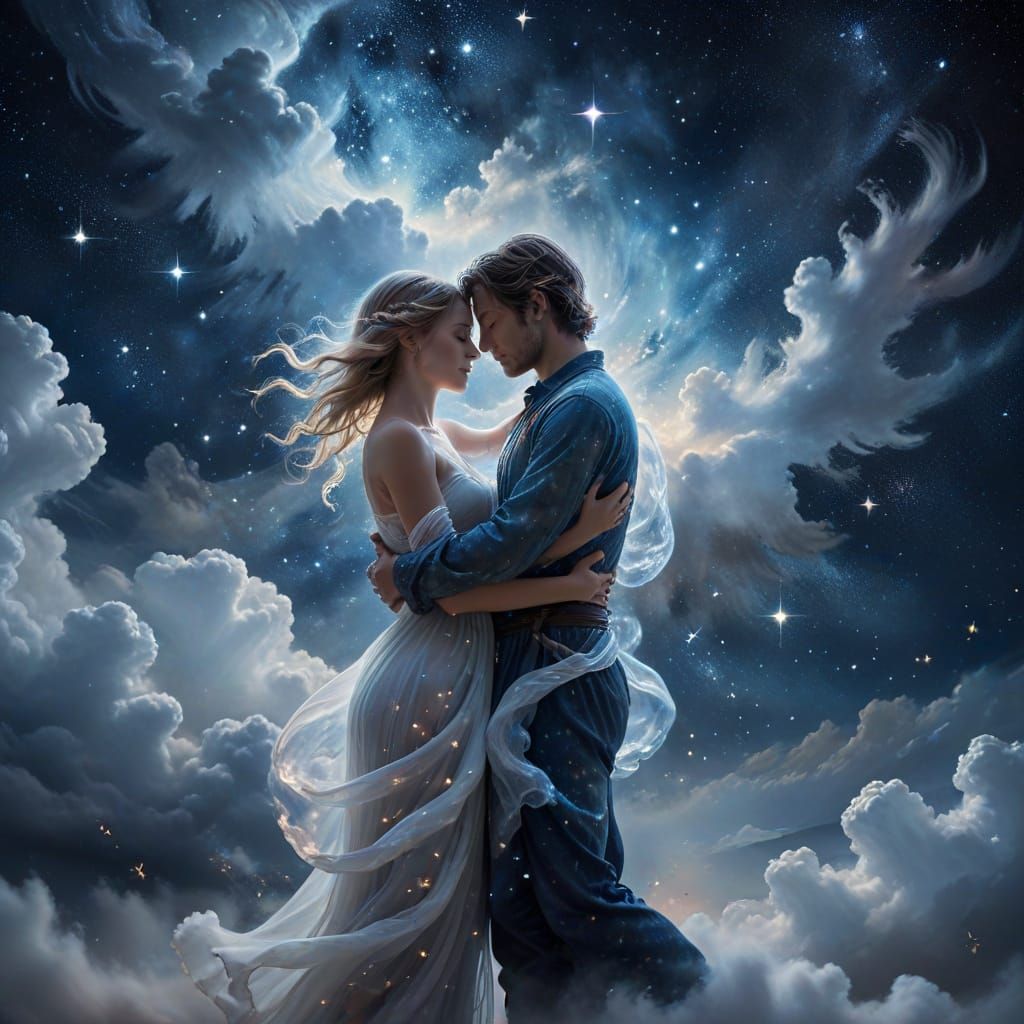Ethereal Fantasy Art of Embracing Figures in Cosmic Clouds