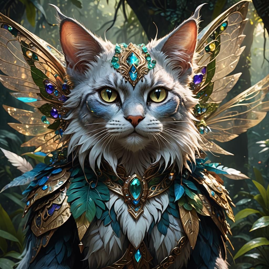 Fantasy Cat-Elf Hybrid with Gemstone Wings