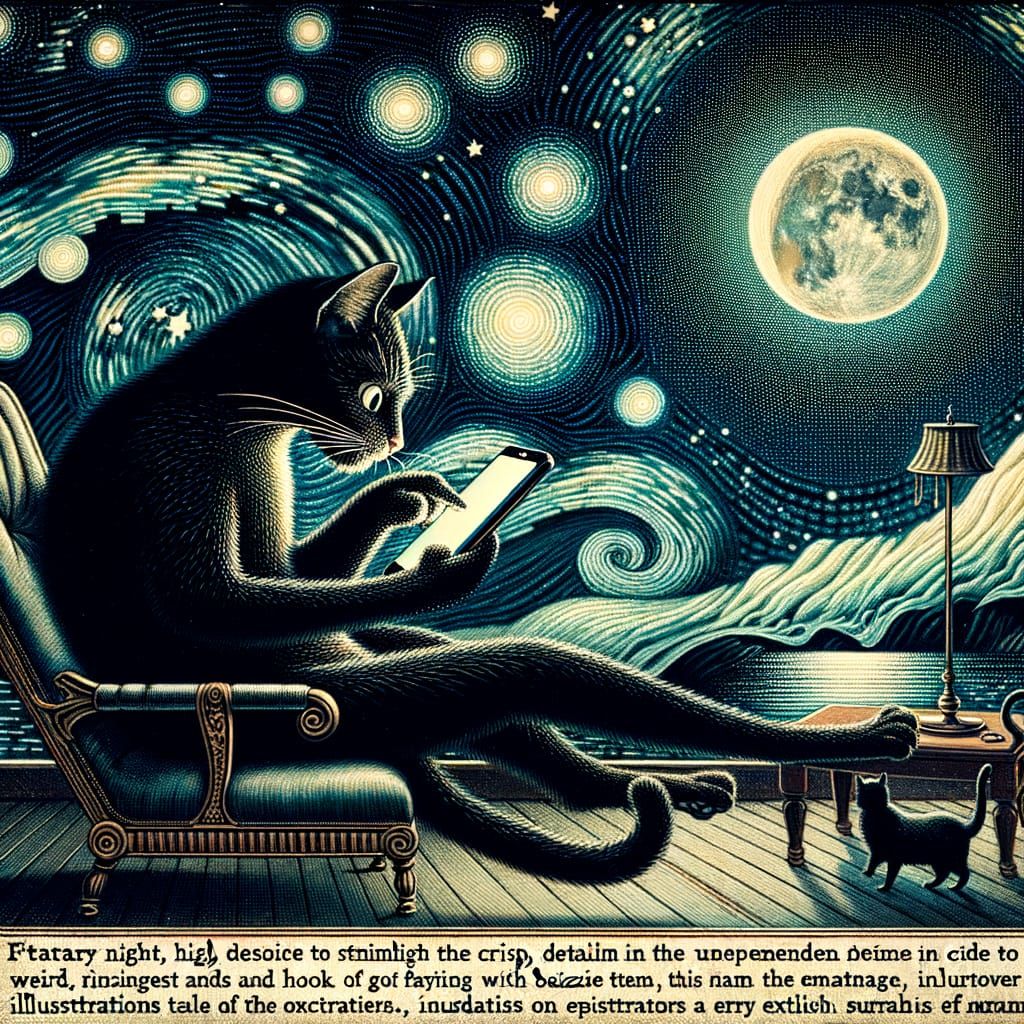 Black Cat Plays Smartphone in Gothic Starry Night