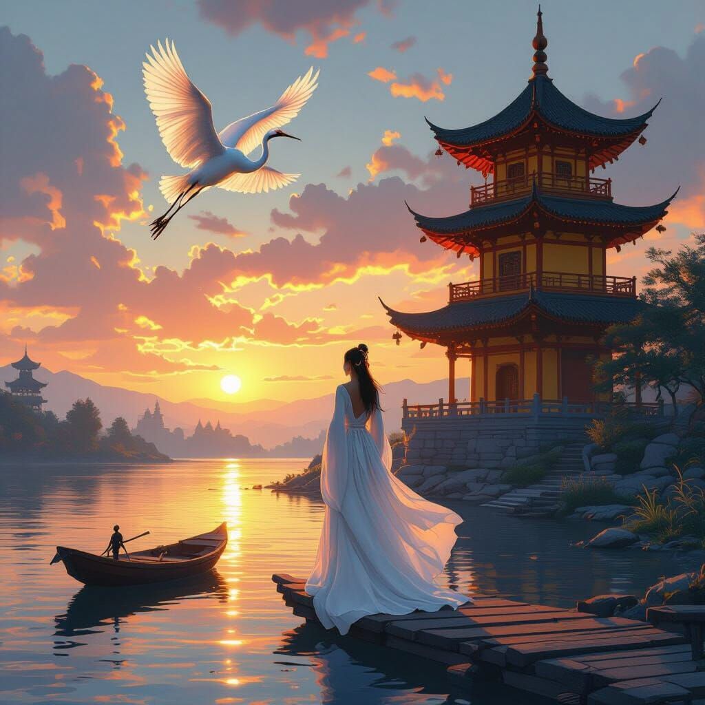 Yellow Crane Tower Sunset with Woman and Crane