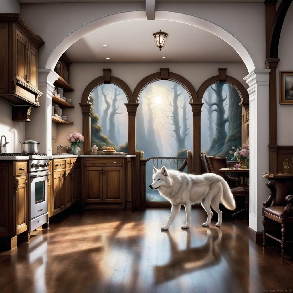 White Wolf Enters Modern Home in Ethereal Style
