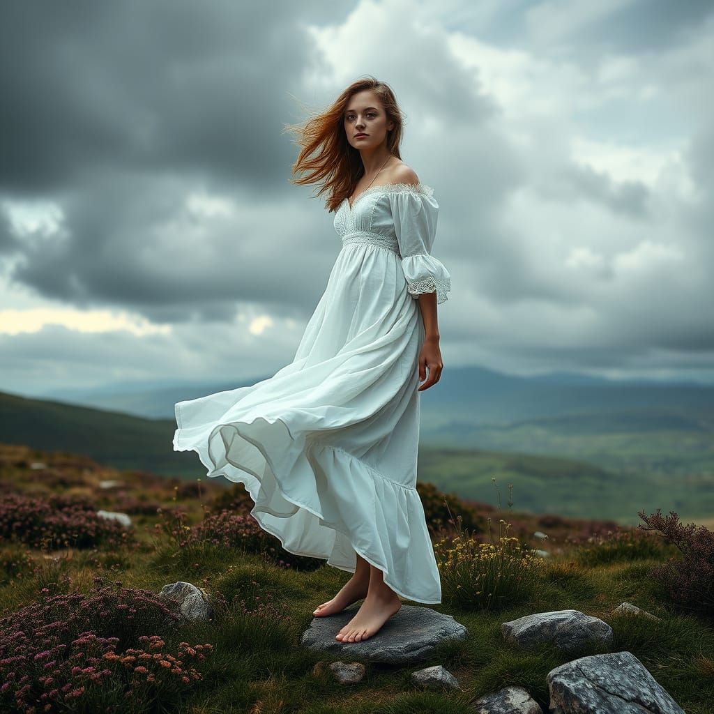 Woman on Windswept Moors in Romantic Style