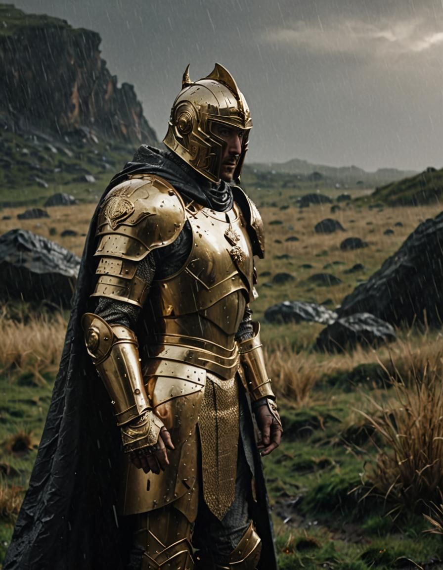 Futuristic Warrior in Golden Armor on Rainy Battlefield