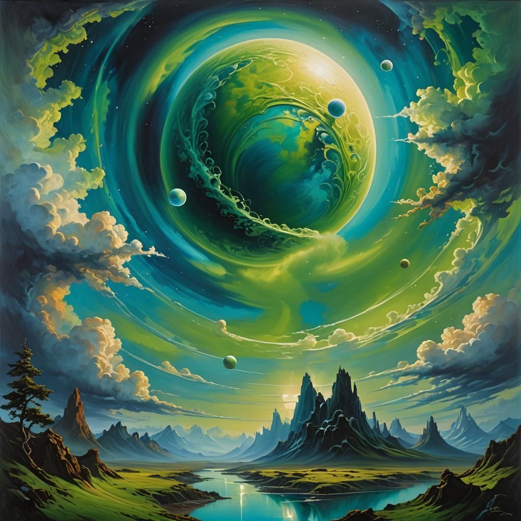 Surreal Sci-Fi Planet with Spiral Clouds and Glowing Moons